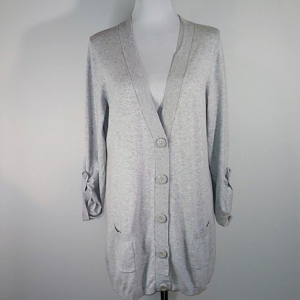 Route 66 Lt Grey Roll Tab Sleeves Long Button Up Pockets Cardigan Sweater Large